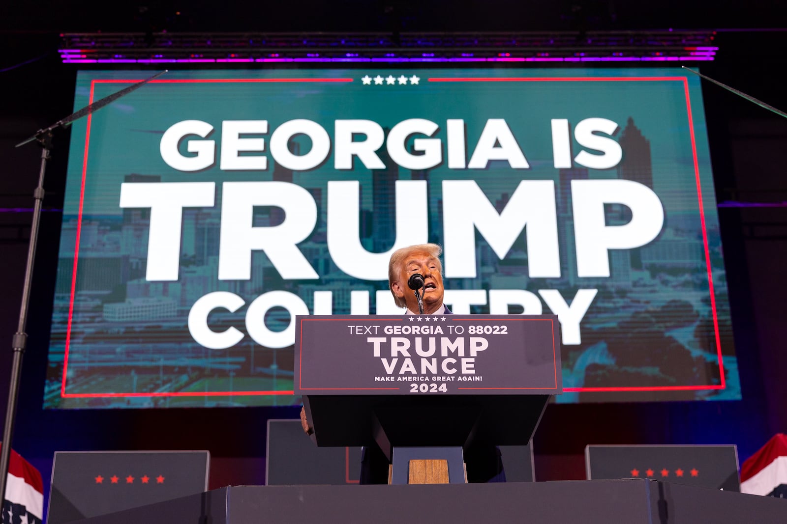 Former President Donald Trump speaks at a campaign event at the Cobb Energy Performing Arts Center on Tuesday.