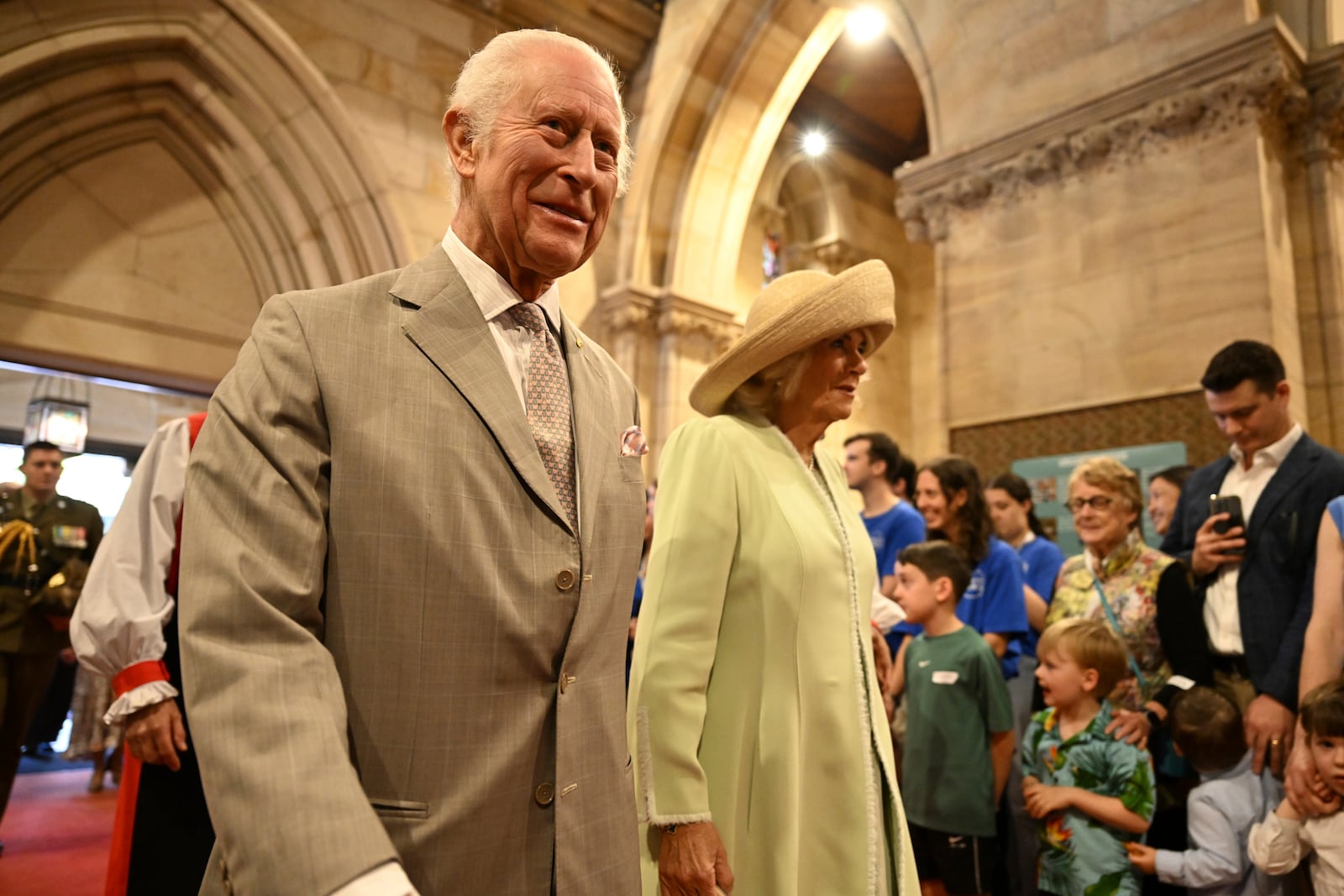 King Charles III and Queen Camilla visit St Thomas' Anglican Church in Sydney, Sunday, Oct. 20, 2024. (Dean Lewins/Pool Photo via AP)