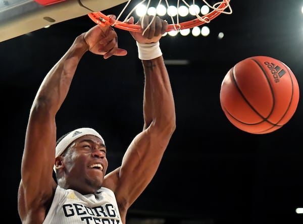 Georgia Tech forward Moses Wright (5) dunks the ball against Syracuse in the second half Saturday, Feb. 27, 2021, at Georgia Tech's McCamish Pavilion in Atlanta. Tech won 84-77. (Hyosub Shin / Hyosub.Shin@ajc.com)