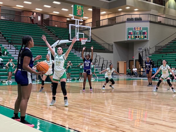 Buford's Ella Rainwater guards the inbound play against Chapel Hill in the first round of the state playoffs on Feb. 18, 2025.