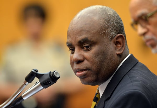 Former APS Usher Collier Heights Elem testing coordinator Donald Bullock testifies during sentencing Monday. Sentencing of 10 of the 11 defendants convicted of racketeering and other charges in the Atlanta Public Schools test-cheating trial before Judge Jerry Baxter in Fulton County Superior Court, Monday April 13 2015. (Atlanta Journal-Constitution, Kent D. Johnson, Pool)