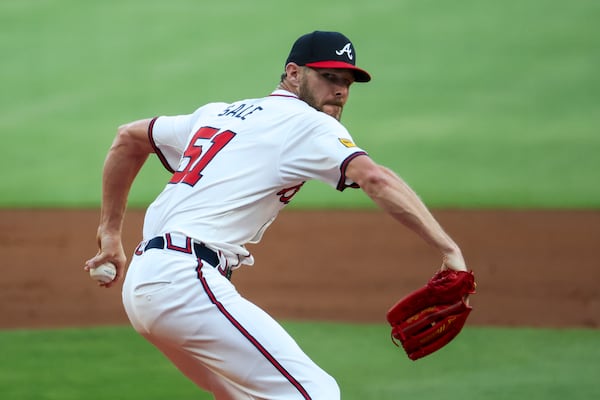 Atlanta Braves pitcher Chris Sale (51) delivers to a Boston Red Sox batter during the first inning at Truist Park, Wednesday, May 8, 2024, in Atlanta.  (Jason Getz / AJC)
