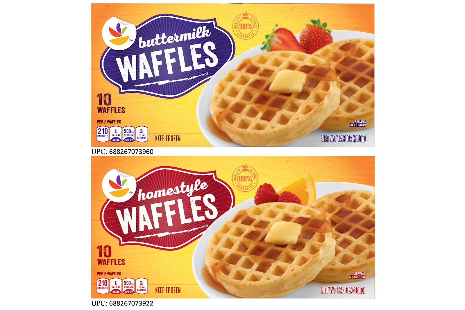 This image provided by TreeHouse Foods, Inc., shows the packaging of two styles of waffles, among hundreds of brands of frozen waffles, that are part of a voluntary recall because the products could be contaminated with dangerous listeria bacteria, the manufacturer, TreeHouse Foods, Inc.,, said Tuesday. (TreeHouse Foods, Inc. via AP)