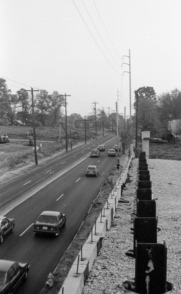 From the top of an unfinished overpass -- Moreland Ave heading into Little 5 Five Points. The overpass was torn down and is now where the Freedom Parkway intersects with Moreland. Courtesy of Jeremy Fletcher