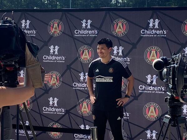 Atlanta United manager Gonzalo Pineda is interviewed by journalists after his first day of running training for the MLS team in Marietta, Ga. on August 24, 2021.