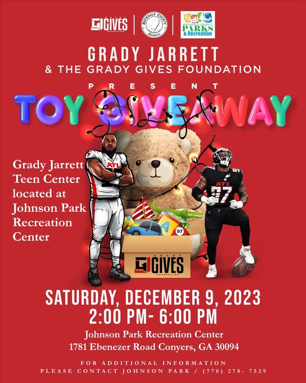 Grady Jarrett's annual toy giveaway aims to provide 1,000 toys for underserved children in the Conyers area. (Courtesy of Grady Gives Foundation/gradyjarrett.com)