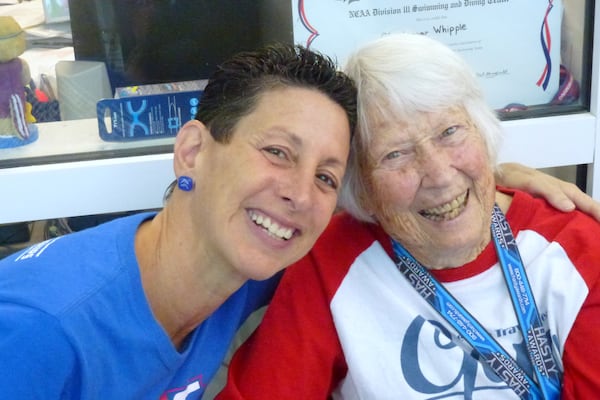 Elaine Krugman, left, with the late Anne Dunivin, who swam until the age of 100. Krugman regularly writes profiles on other swimmers for the Georgia Local Masters Swim Committee newsletter.