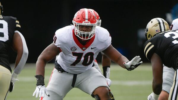 Georgia offensive lineman Warren McClendon plays against Vanderbilt during an NCAA college football game on Saturday, Sept. 25, 2021, in Nashville, Tenn. (AP Photo/John Amis)