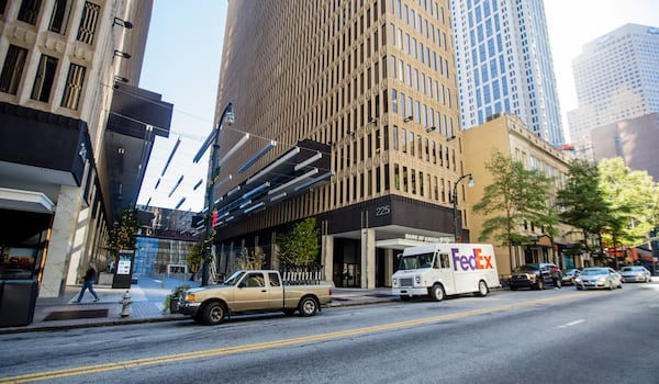 225 Peachtree Street on November 21, 2020 before crosswalk was installed months later.