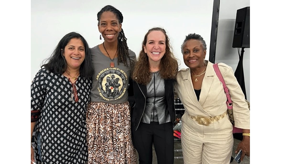 More than 100 local women attended the screening of "Deconstructing Karen" in Austell on April 12, 2023. The documentary highlights Race2Dinner, an organization founded by Saira Rao (far left) and Regina Jackson (far right) to encourage white women to talk about race. Also pictured are local event moderator Tina Strawn (second from left) and Jennifer Winingder, who helped organize the event in Cobb County. (Courtesy of Jennifer Winingder)