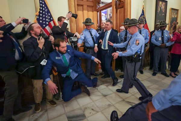 State Sen. Colton Moore, a Republican from Trenton, fell to the ground during a scuffle with a staff member earlier this month as he attempted to enter the House of Representatives for the State of the State address delivered by Gov. Brian Kemp.