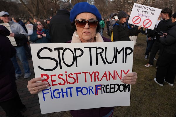 People protest on Boston Common, Tuesday, March 4, 2025, in Boston. (AP Photo/Charles Krupa)