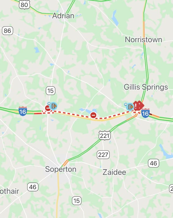 Map of I-16 road closure 7/15/21 (Georgia DOT via Twitter)