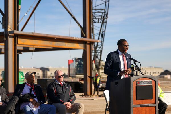 Atlanta Mayor Andre Dickens speaks during an event as construction is underway to widen Hartsfield-Jackson Concourse D before a topping ceremony at the Modular Yard near the Hartsfield-Jackson International Airport, Thursday, December. 14, 2023, in Atlanta. During the $1.3 billion project, starting next April each modular component will be transported and connected onto Concourse D, enabling most gates to remain active throughout. (Jason Getz / Jason.Getz@ajc.com)