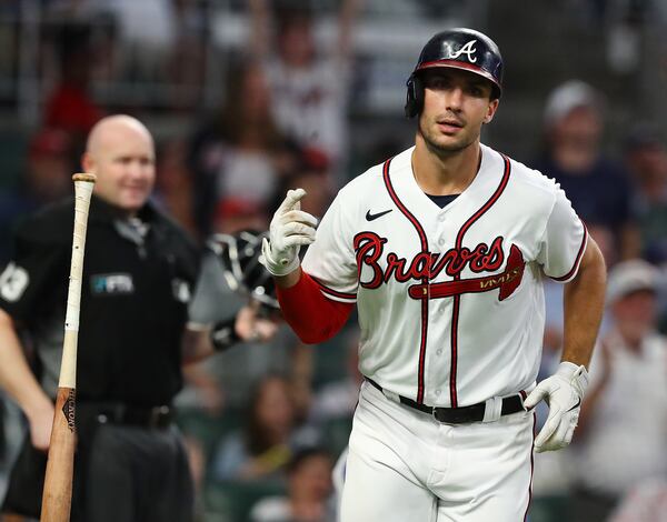 Braves first baseman Matt Olson tosses his bat after hitting a 2-RBI home run to take a 3-0 lead over the New York Mets during the fourth inning in a MLB baseball game on Tuesday, August 16, 2022, in Atlanta.   “Curtis Compton / Curtis Compton@ajc.com