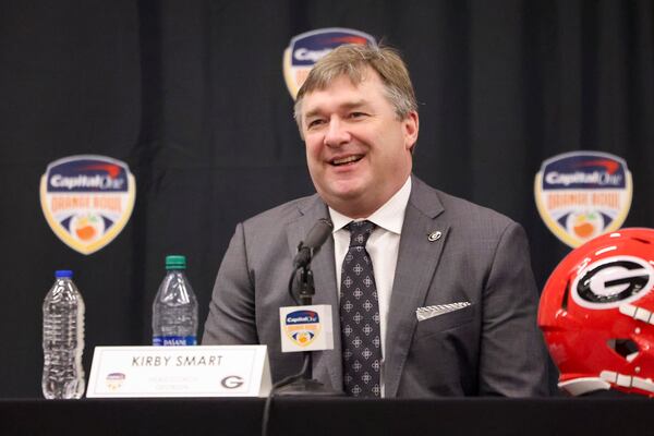 Georgia head coach Kirby Smart reacts during the head coaches joint press conference at the Le Meridien Dania Beach Hotel, Friday, Dec., 29, 2023, in Fort Lauderdale, Florida. (Jason Getz / Jason.Getz@ajc.com)