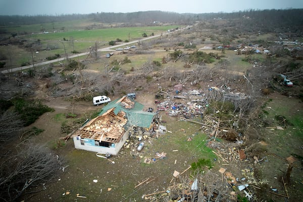 Destruction from a severe storm is seen Saturday, March 15, 2025, in Wayne County, Mo. (AP Photo/Jeff Roberson)