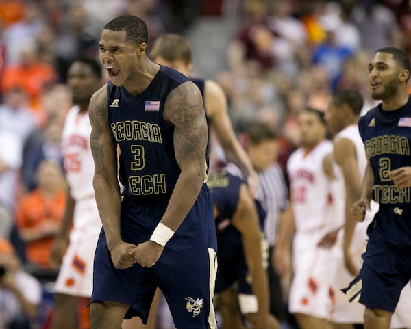 Georgia Tech's Marcus Georges-Hunt (3) reacts after forcing overtime against Clemson on Wednesday, March 9, 2016, during the ACC Tournament at the Verizon Center in Washington. Georgia Tech advanced, 88-85. (Robert Willett/Raleigh News &amp; Observer/TNS)