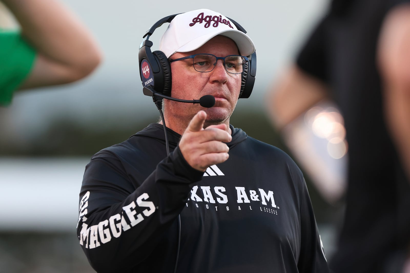 Texas A&M head coach Mike Elko is seen during the second half of an NCAA college football game against Mississippi State, Saturday, Oct. 19, 2024, in Starkville, Miss. (AP Photo/Randy J. Williams)