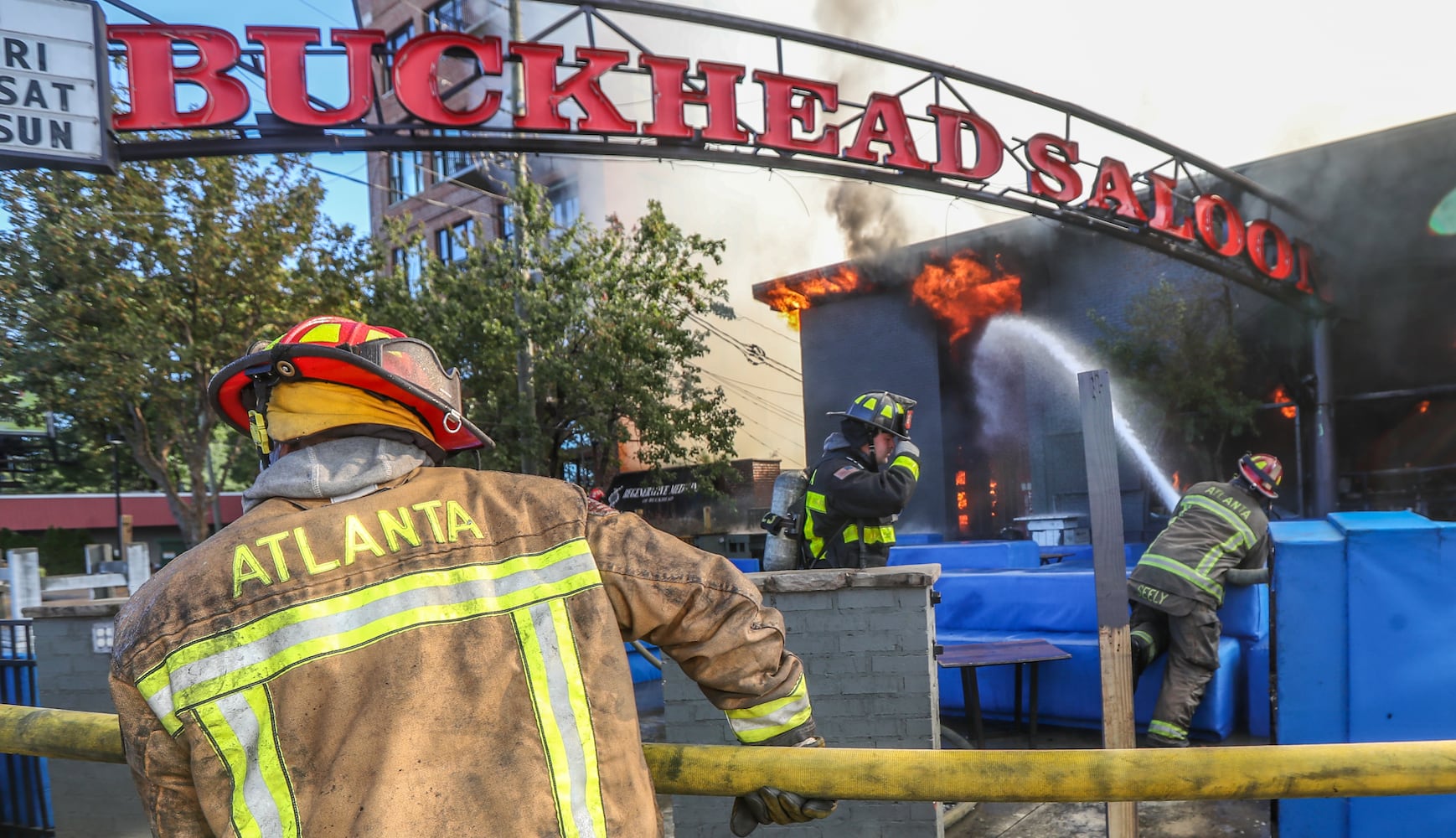 A raging fire at the Buckhead Saloon on Monday morning has shut down a portion of Roswell Road for several hours.
