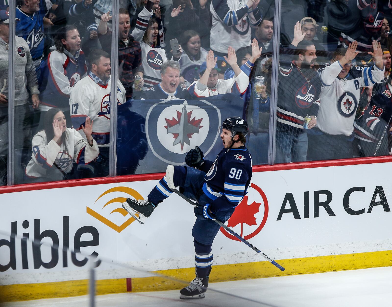 FILE - Winnipeg Jets' Nikita Chibrikov celebrates his goal against the Vancouver Canucks during the third period of an NHL hockey game, April 18, 2024, in Winnipeg, Manitoba. (John Woods/The Canadian Press via AP, file)