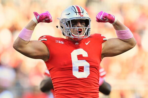 COLUMBUS, OH - OCTOBER 7: Sam Hubbard #6 of the Ohio State Buckeyes celebrates after making a tackle for a loss in the second quarter against the Maryland Terrapins at Ohio Stadium on October 7, 2017 in Columbus, Ohio. (Photo by Jamie Sabau/Getty Images)