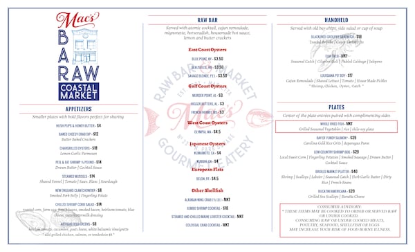 The menu for Mac's Raw Bar & Market