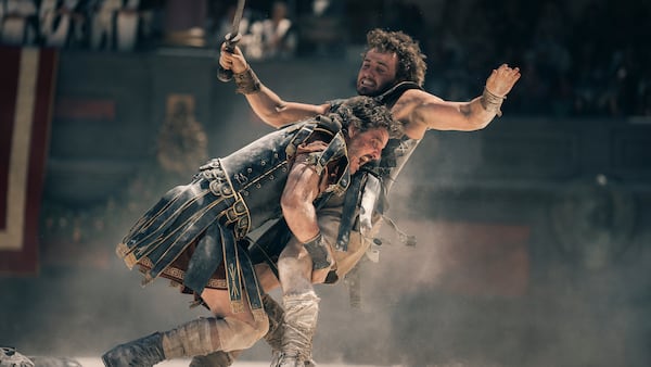 This image released by Paramount Pictures shows Pedro Pascal, left, and Paul Mescal in a scene from "Gladiator II." (Aidan Monaghan/Paramount Pictures via AP)