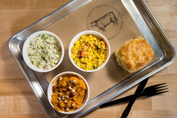 Your friends might be there for the brisket, but you can enjoy the 4 Rivers Smokehouse Vegetarian Sideboard with homemade biscuit, Smokehouse Corn, Coleslaw, and Sweet Potato Casserole. CONTRIBUTED BY MIA YAKEL