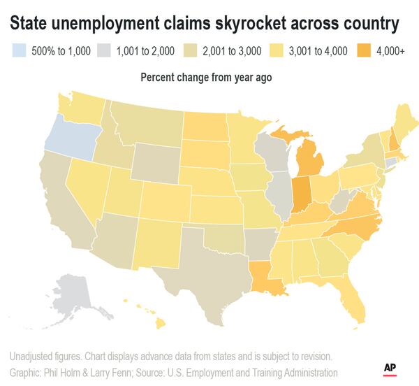 Map shows jobless claims state-by-state.