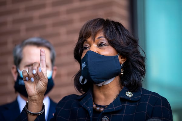 Morehouse School of Medicine President and Dean Dr. Valerie Montgomery Rice takes a question during a news conference at Morehouse School of Medicine in Atlanta on Feb. 10, 2021. (Alyssa Pointer / AJC file photo)