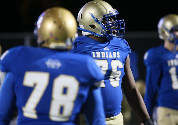   McEachern's Tremayne Anchrum Jr. (76) during practice before their playoff game against the Archer Tigers Friday, Nov. 20, 2015. 