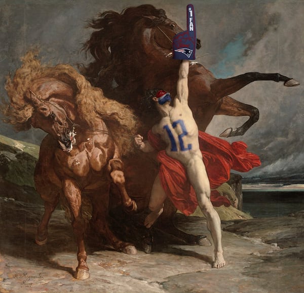 Boston’s Museum of Fine Arts dressed up this ancient Greek in Patriots face paint as part of the #MuseumBowl social media smackdown between the High Museum and its Boston counterpart.