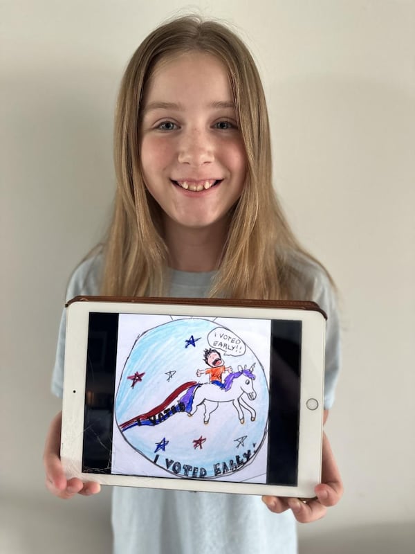 Shannon Fisher of Neuse River Middle School won North Carolina's Wake County Board of Elections sticker design contest with her depiction of a voter riding a unicorn.