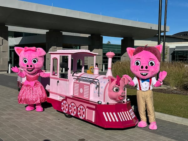 The new Pink Pig train was introduced to media on Nov. 12, 2024, and will be functioning inside the Gas South Convention Center in Duluth for the Georgia Festival of Trees fundraiser Nov. 23-Dec. 1. The first Pink Pig goes back to the 1950s at Rich's department store in downtown Atlanta. (Rodney Ho/AJC)