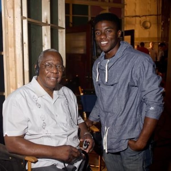 Hank Aaron visited Chadwick Boseman on the set of "42."