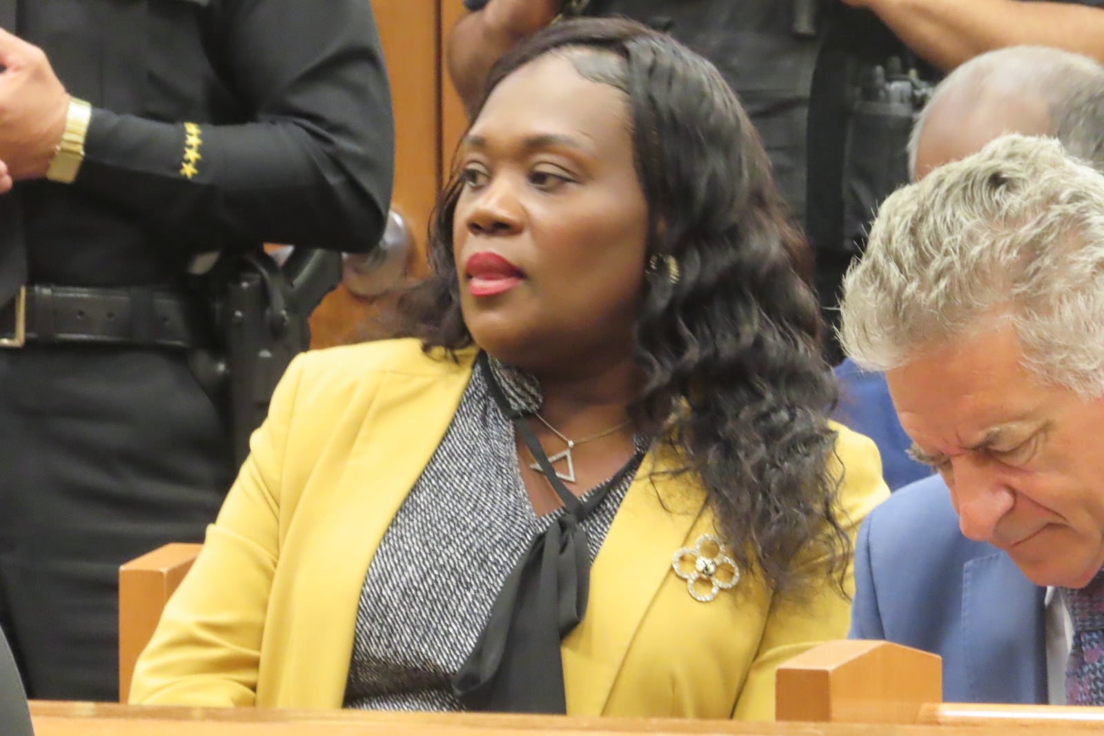 La'Quetta Small, the superintendent of schools for Atlantic City, waits for her court appearance to start in Mays Landing, N.J., Thursday, Oct. 10, 2024, on charges that she and her husband, Atlantic City Mayor Marty Small Sr. beat and abused their teenage daughter. (AP Photo/Wayne Parry)