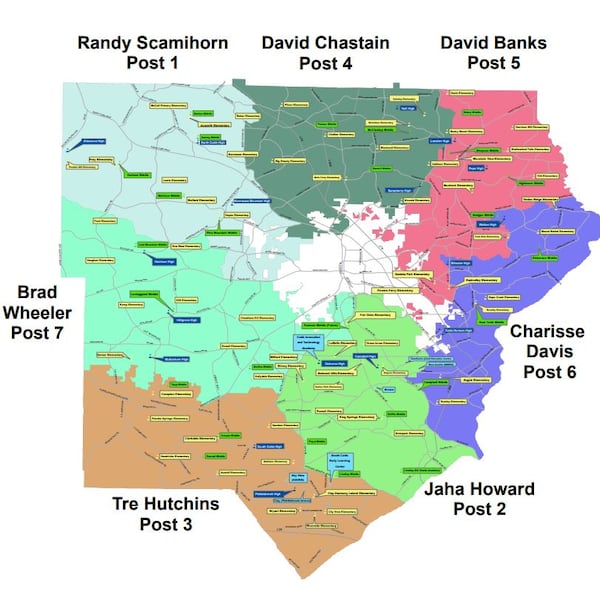 The Cobb County School Board voted to redraw the districts represented by each board member. This is the current map. (Courtesy photo)