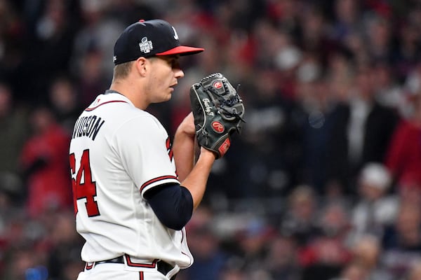 Braves starting pitcher Tucker Davidson prepares to deliver to a Houston Astros batter during the first inning in game 5 of the World Series at Truist Park, Sunday October 31, 2021, in Atlanta. Hyosub Shin / Hyosub.Shin@ajc.com