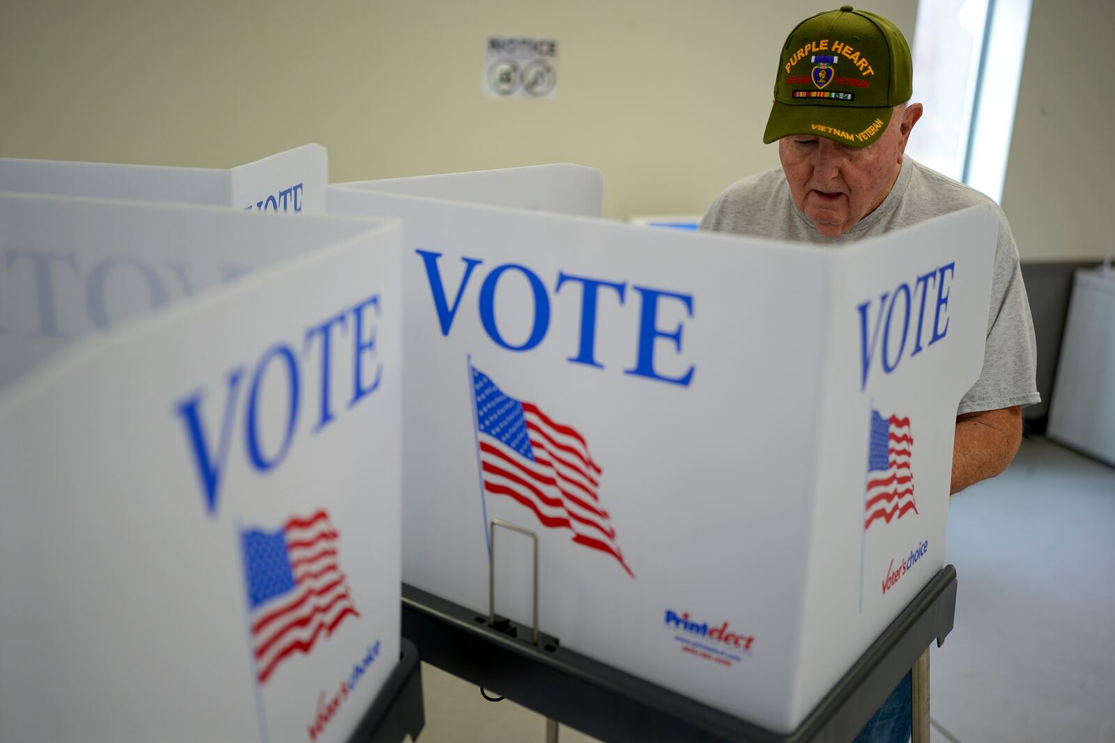 Ronnie Brookshire votes, Tuesday, Nov. 5, 2024, in Canton, N.C.