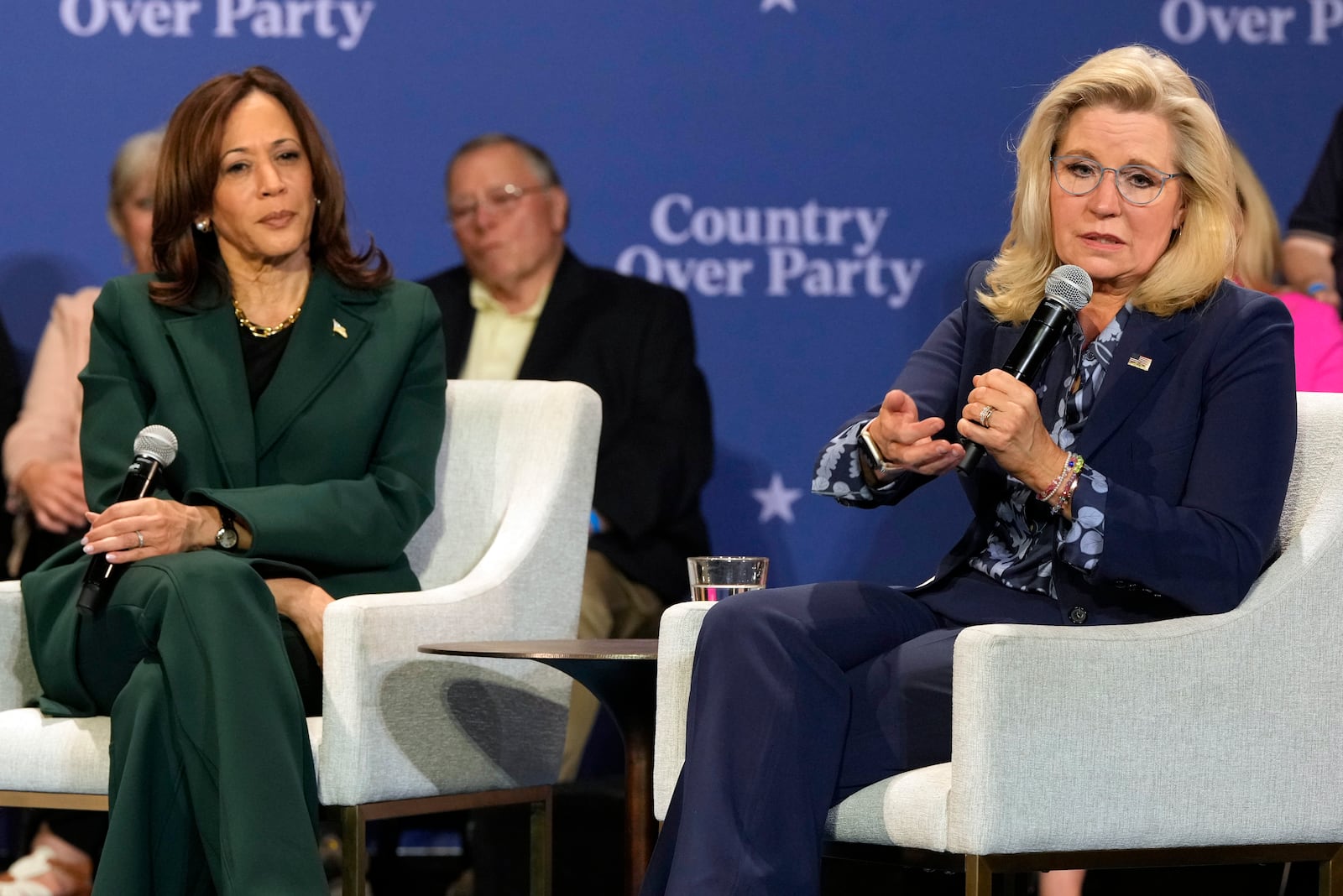 Democratic presidential nominee Vice President Kamala Harris and former Rep. Liz Cheney, R-Wyo., attend a campaign event Monday, Oct. 21, 2024, in Brookfield, Wis. (AP Photo/Morry Gash)