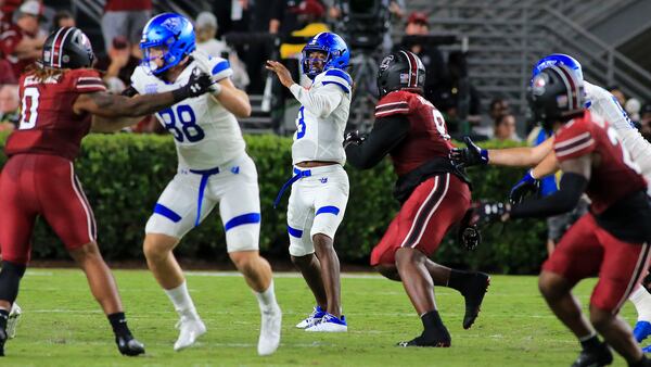 Quarterback Darren Grainger sets up to throw a pass in Georgia State's 35-14 loss to South Carolina last Saturday in Columbia. (Daniel Wilson/Georgia State Athletics)