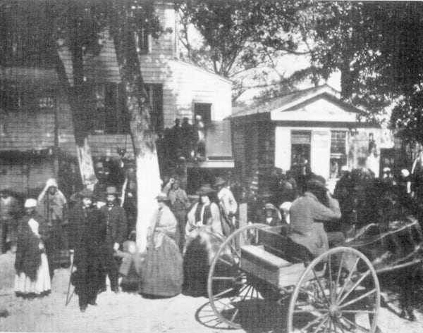 This photo from the National Archives shows people gathering at the Freedmen's Bureau in Beaufort, South Carolina, in the 1870s. Courtesy of the National Archives