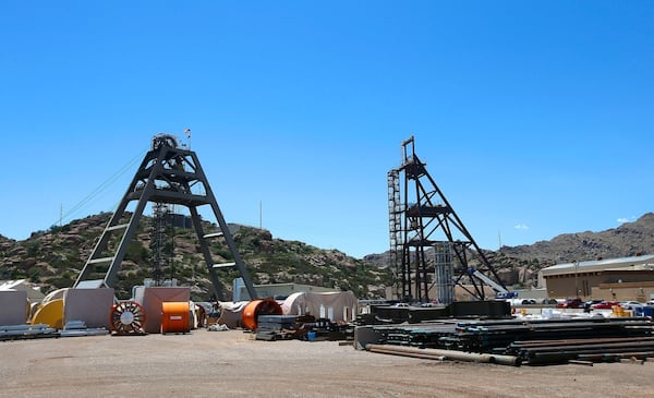 FILE - This file photo taken June 15, 2015, shows the Resolution Copper Mining area Shaft #9, right, and Shaft #10, left, that awaits the expansion go ahead in Superior, Ariz. (AP Photo/Ross D. Franklin, File)