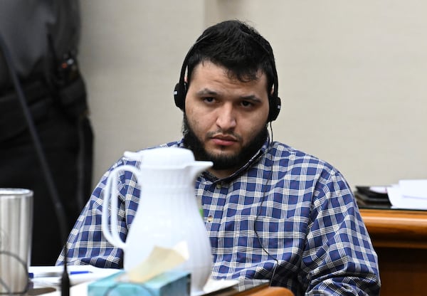 Jose Ibarra, accused of killing a Georgia nursing student earlier this year, listens through an interpreter during his trial at Athens-Clarke County Superior Court, Friday, Nov. 15, 2024, in Athens, Ga. (Hyosub Shin/Atlanta Journal-Constitution via AP, Pool)