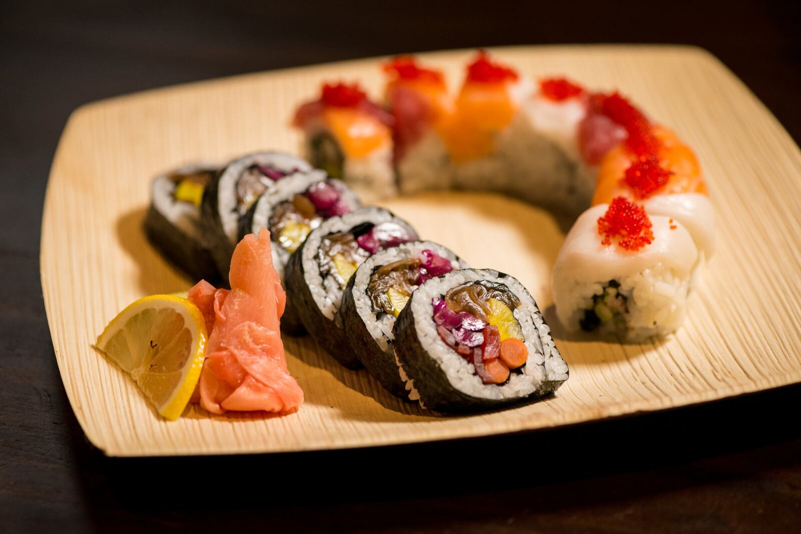 Futomaki roll (left) and Rainbow roll (right). Photo credit- Mia Yakel.