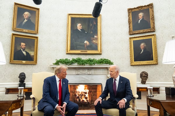 President Joe Biden meets with President-elect Donald Trump in the Oval Office of the White House, Wednesday, Nov. 13, 2024, in Washington. (AP Photo/Evan Vucci)