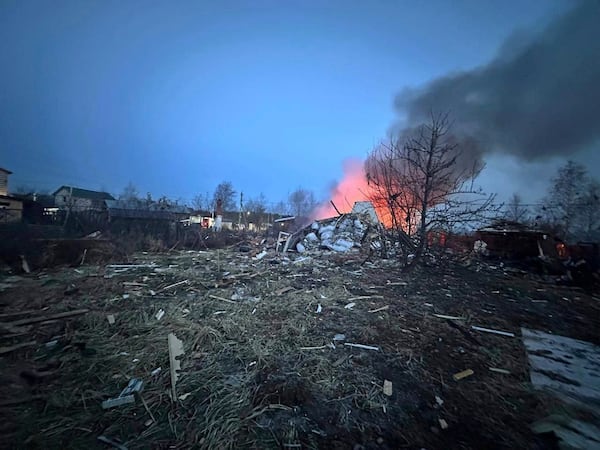 This photo released by Moscow Region Governor Andrei Vorobyev official telegram channel shows the site where one of the shot down Ukrainian drones fell, outside Moscow, Russia, on Tuesday, March 11, 2025. (Moscow Region Governor Andrei Vorobyev official telegram channel via AP)