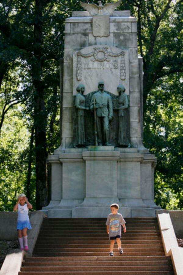 Jessica Peterson, 8, Nathanial Bintliff, 6, both of Marietta, walk along the steps of the imposing Illinois Monument, erected to the memory of the Illinois soldiers who died on the battlefield of Kennesaw Mountain, June 27, 1864. The Monument was erected 50 years after the battle.