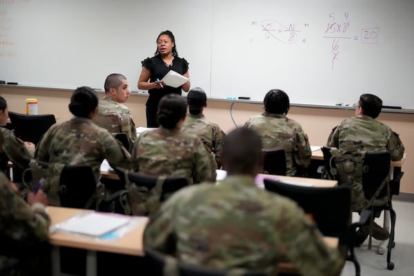 Recruits participate in the Army's future soldier prep course that gives lower-performing recruits up to 90 days of academic or fitness instruction to help them meet military standards, at Fort Jackson, a U.S. Army Training Center, in Columbia, S.C., Sept. 25, 2024. (AP Photo/Chris Carlson)